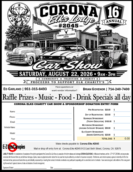 Corona Elks Veterans Car Show flyer August 2026
