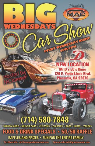 Big Wednesdays Car Show at Mr. Ds Diner flyer 2025
