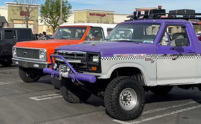 Lakeside Cars And Coffee purple truck and orange truck