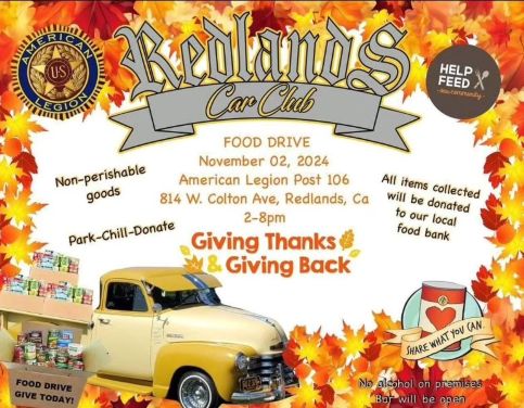 Redlands Car Club Food Drive flyer 2024